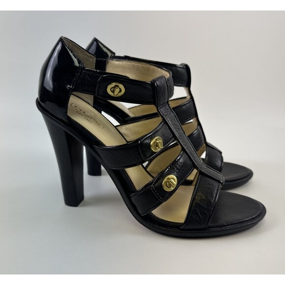 Coach Tamarah Gladiator Heels Black Leather Triple Turn Lock Straps Womens 9.5 - Picture 1 of 13